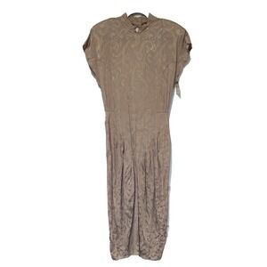 Vtg Michelle‎ Stewart Dress 12  Champagne Paisley Print Mock Neck V Back 80s NWT